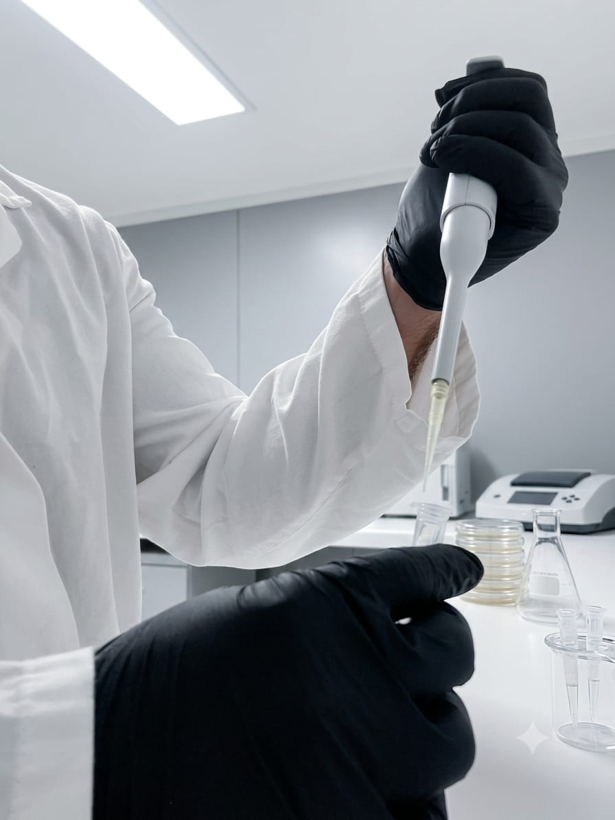 Tecnico di laboratorio durante il pipettaggio di un campione